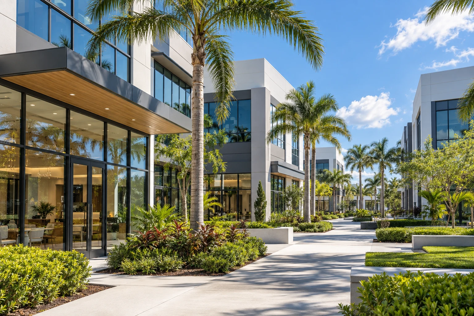 Illustrative modern commercial office and retail buildings in a Florida setting