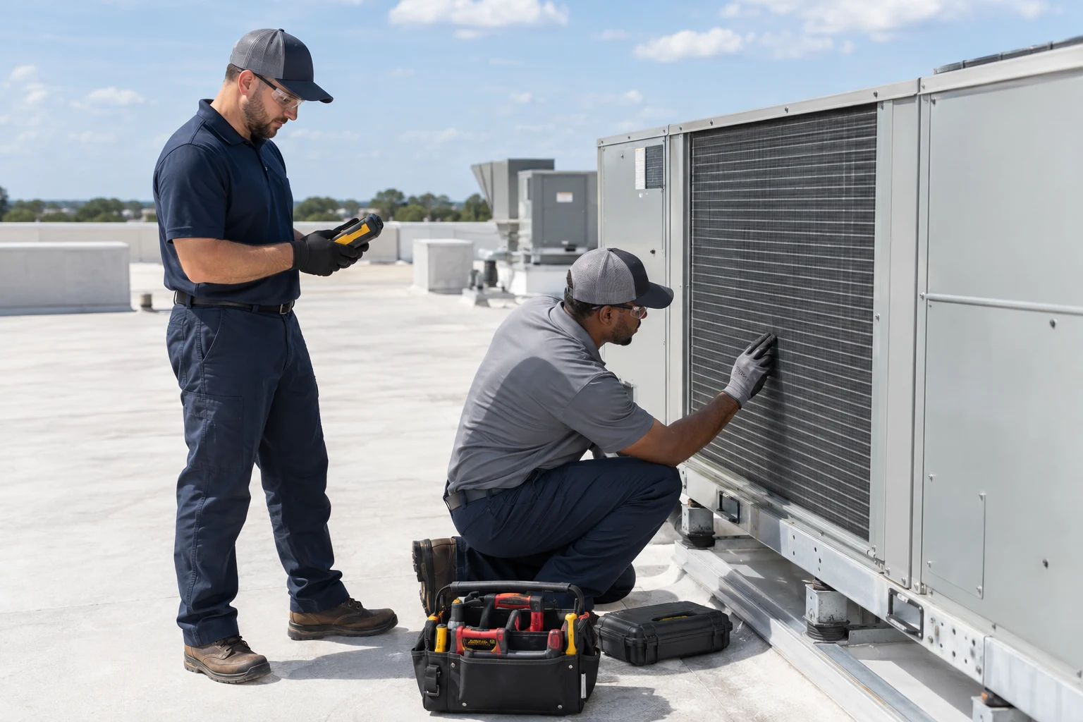 Illustrative technicians inspecting commercial rooftop HVAC equipment